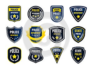 Police badge. Security department shield symbols. Federal government authority banners set. Sheriff signs with yellow