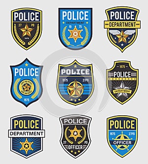 Police badges. Officer government badge, special police security medallion and federal agent signs, policeman insignia