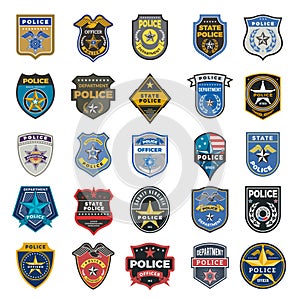 Police badges. Officer security federal agent signs and symbols police protection vector logo