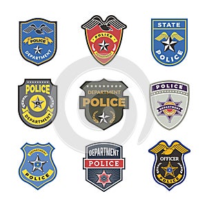 Police badges. Security signs and symbols government department officer law enforcement vector logotypes