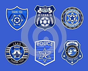 Police badges set vector. Sheriff, marshal label illustrations. Law enforcement emblems for national days. Ranger, policeman