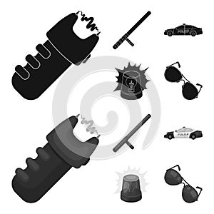 Police baton, auto, flasher, glasses.Police set collection icons in black,monochrome style vector symbol stock