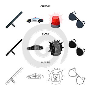 Police baton, auto, flasher, glasses.Police set collection icons in cartoon,black,outline style vector symbol stock