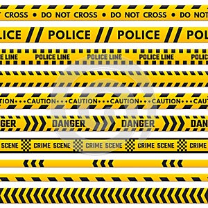 Police black and yellow line do not cross. Barricade boundary isolated by danger tape. Crime scene barrier stripes vector set