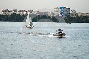 A police boat sails along the Dnieper River.