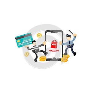police burglar and store online shop credit card payment cartoon flat design illustration