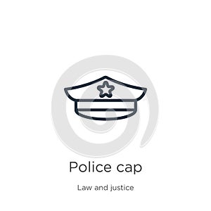 Police cap icon. Thin linear police cap outline icon isolated on white background from law and justice collection. Line vector