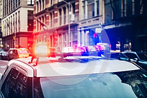 Police car with alarm and signal light flashes on the roof rush emergency call in New York City.