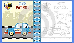 Police car cartoon in the road on building background