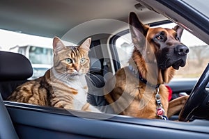police car with cat officer at the wheel and dog partner in the passenger seat