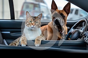 police car with cat officer at the wheel and dog partner in the passenger seat