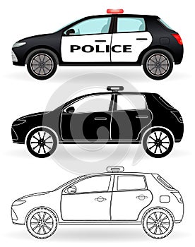 Police car colored, black silhouette, outline isolated on a white background. Patrol vehicle in three differen styles.