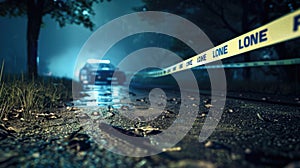 Police car and crime scene with secure tape at night, Detectives probing murder in restricted zone. Ai Generated photo