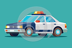 A police car depicted in a flat design style, showcasing its distinctive features, Police car Customizable Flat Illustration