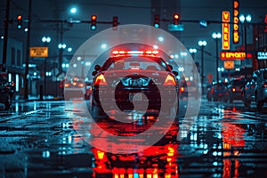 a police car is driving down a wet city street at night