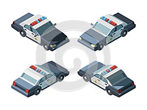 Police car. Emergency isometric vehicles different views police chase vector