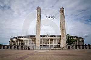 Germany; Police car in front of the Berlin Olympic stadium