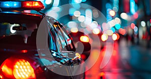 police car lights at night in city street with selective focus and bokeh