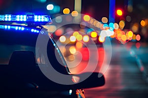 police car lights at night in city street with selective focus and bokeh