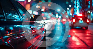 police car lights at night in city street with selective focus and bokeh