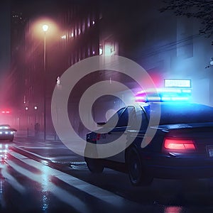 police car lights at night in modern city, neural network generated art