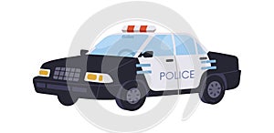 Police car, patrol vehicle. Municipal road cops transport with siren lights. Policeman automobile, emergency