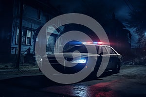 Police car patrolling a quiet suburban neighborhood at night. Generative AI