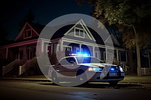 Police car patrolling a quiet suburban neighborhood at night, safety and security of residents. Generative AI