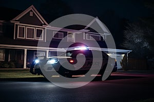 Police car patrolling a quiet suburban neighborhood at night, safety and security of residents. Generative AI
