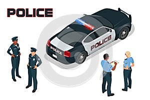 Police car - policeman - policewoman. Flat 3d isometric high quality city service transport. Isometric police car.