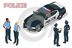 Police car - policeman - policewoman. Flat 3d isometric high quality city service transport. Isometric police car.