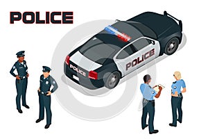 Police car - policeman - policewoman. Flat 3d isometric high quality city service transport. Isometric police car. photo