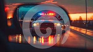 A Police Car is Reflected in a Car Side Mirror