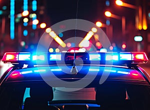 Police car’s emergency lights in a cityscape at night, with urban architecture silhouetted against the sky.