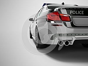 Police car sedan gray with green inserts rear view 3d render on gray background with shadow