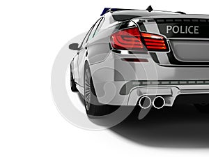 Police car sedan gray with green inserts rear view 3d render on white background with shadow