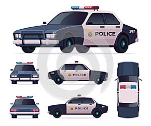 Police car set. Patrol official vehicle, cop automobile chase and pursuit criminals. View front, rear, side, top.