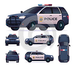 Police car set. Patrol official vehicle, cop automobile chase and pursuit criminals. View front, rear, side, top.