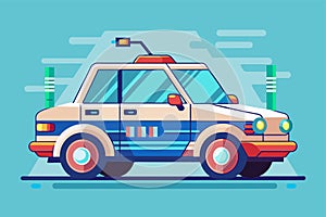 A police car is shown against a blue background, Self driving car Customizable Flat Illustration