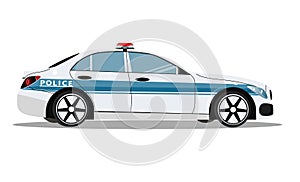 Police car, side view isolated on white background. Police patrol transport. Vector illustration