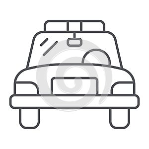 Police car thin line icon, vehicle and automobile, sheriff car sign, vector graphics, a linear pattern on a white