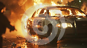 A police car is vandalized and set on fire by rioters leaving officers feeling angry violated and demoralized.