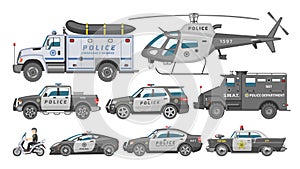 Police car vector policy vehicle or helicopter and policeman on motorbike illustration set of police-officers transport