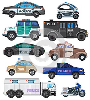 Police car vector policy vehicle and motorbike or motorcycle of policeman illustration set of police-officers transport