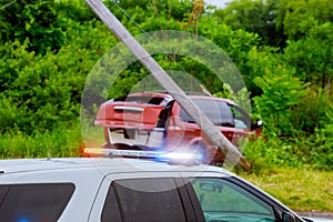 Police cars lights the street after car crash Selective focus.