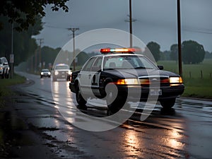 police cars with sirens on and lights flashing in chase on country road