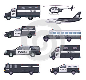 Police cars. Vehicle protection services automobiles vector transport