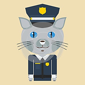 Flat Cartoon Style Police Cat Character Illustration