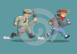 Police chasing bad boy vandalism. criminal activity illustration vector