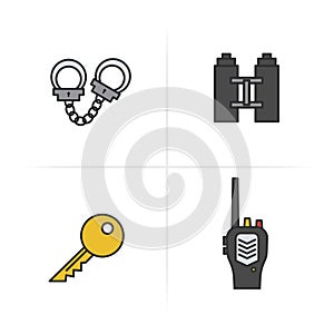 Police color icons set. Key, radio, handcuff, binoculars symbol. Logo concepts.